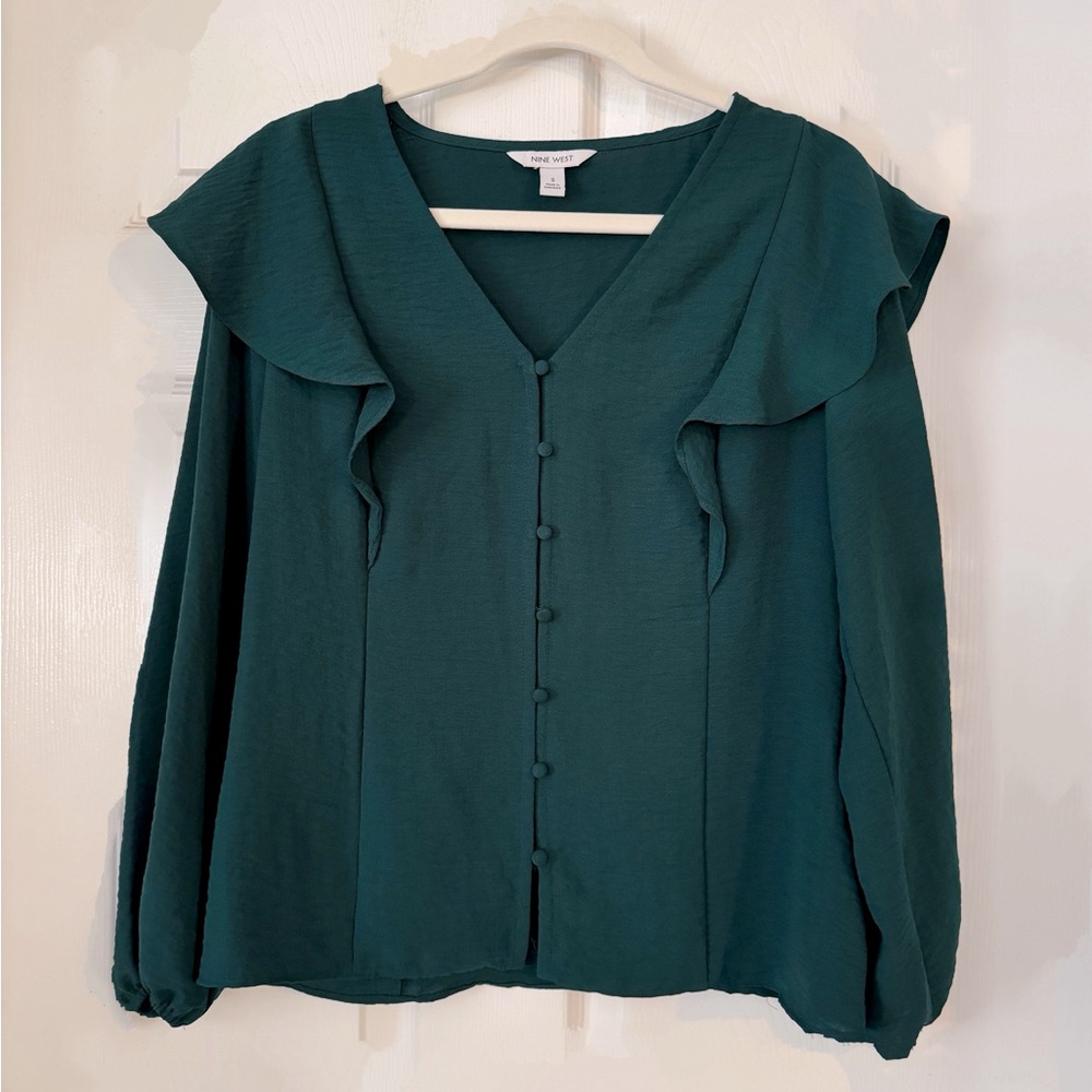 Nine West Teal Green Ruffle Blouse